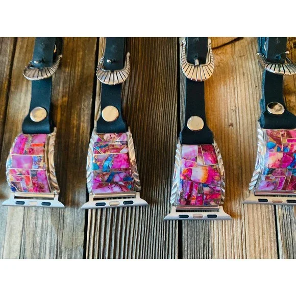 Navajo Pink Dream Mohave, Sterling Silver & Black Leather Smartphone Watch Band - Picture 5 of 8